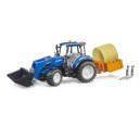 Tracteur New Holland T5.120 avec chargeur frontal, caisse de transport, fourches et balle ronde